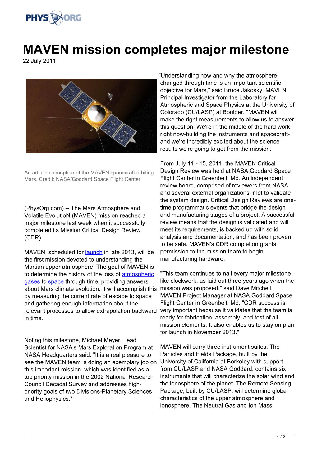 MAVEN Mission Completes Major Milestone 22 July 2011