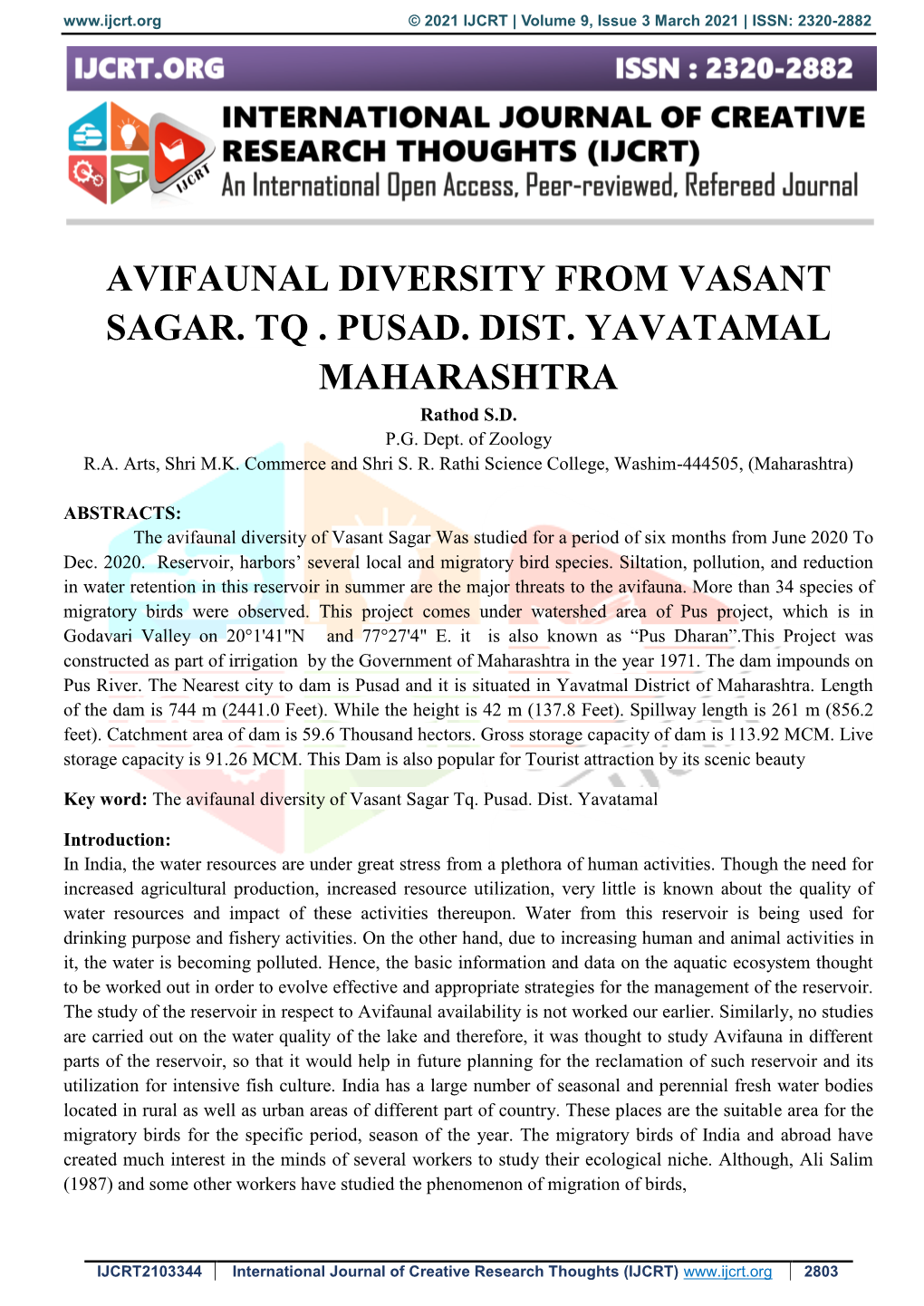 Avifaunal Diversity from Vasant Sagar. Tq . Pusad