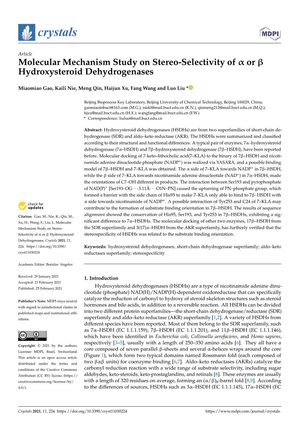 Molecular Mechanism Study on Stereo-Selectivity of Α Or Β Hydroxysteroid Dehydrogenases