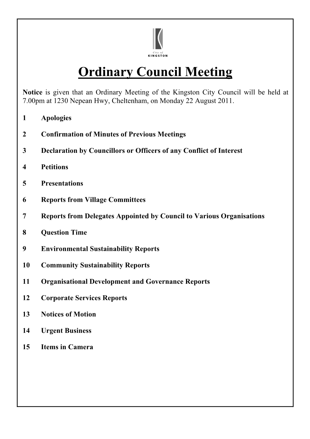 Agenda Ordinary Council Meeting