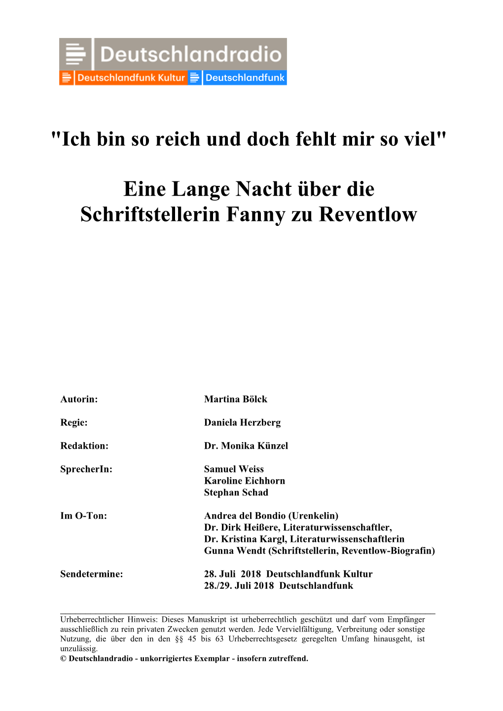 Eine Lange Nacht Über Die Schriftstellerin Fanny Zu Reventlow