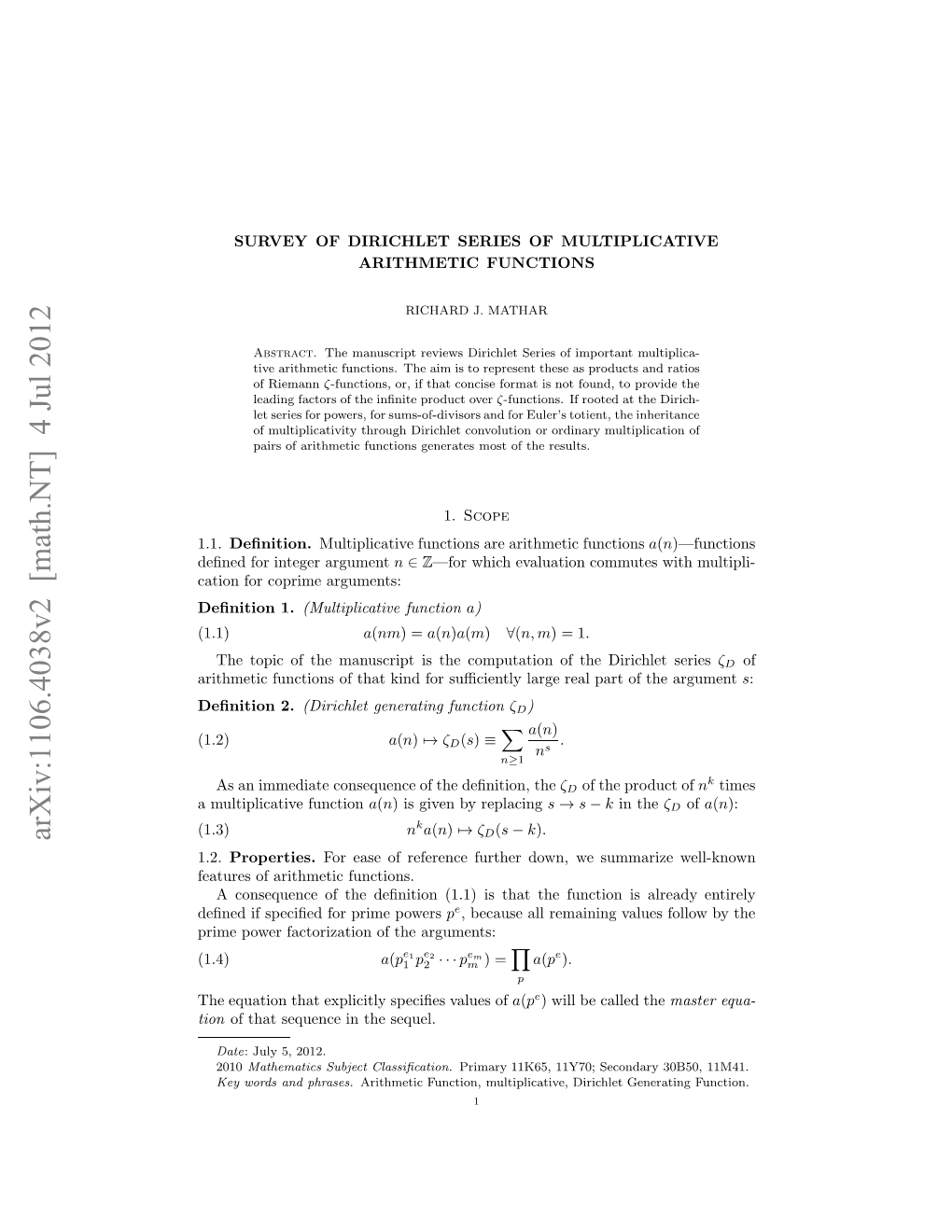 Survey of Dirichlet Series of Multiplicative Arithmetic Functions