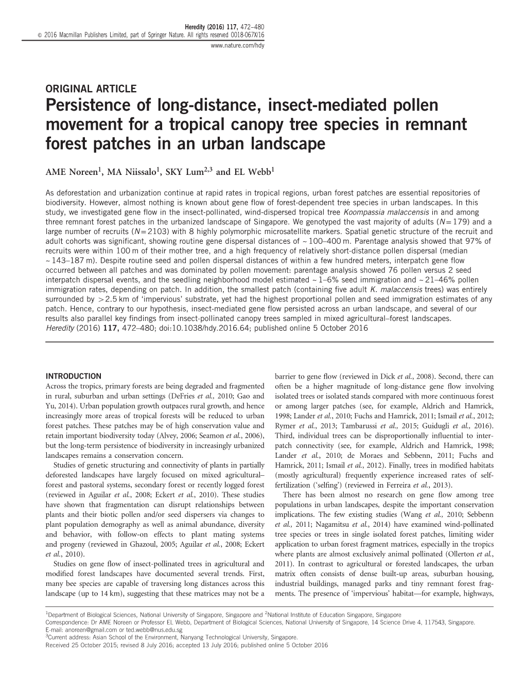 Persistence of Long-Distance, Insect-Mediated Pollen Movement for a Tropical Canopy Tree Species in Remnant Forest Patches in an Urban Landscape