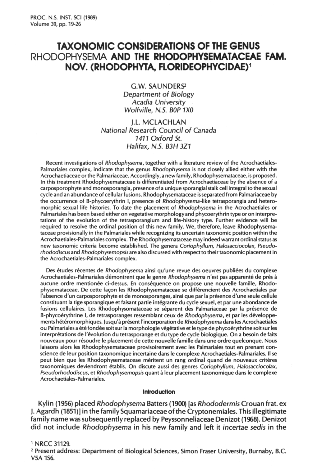 Taxonomic Considerations of the Genus Rhodophysema and the Rhodophysemataceae Fam