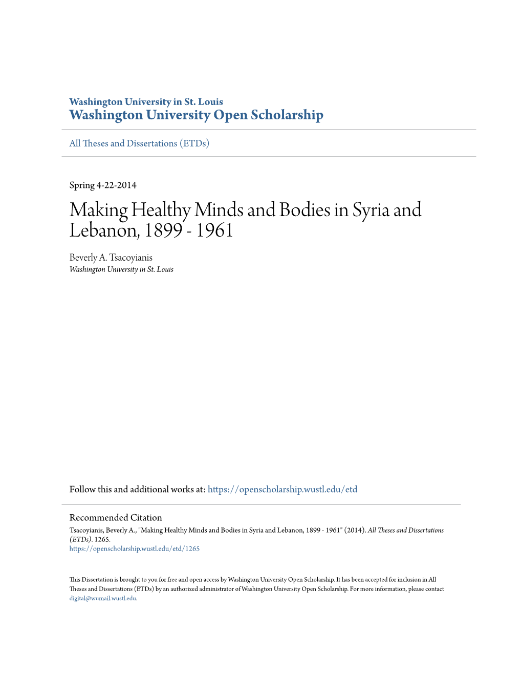 Making Healthy Minds and Bodies in Syria and Lebanon, 1899 - 1961 Beverly A