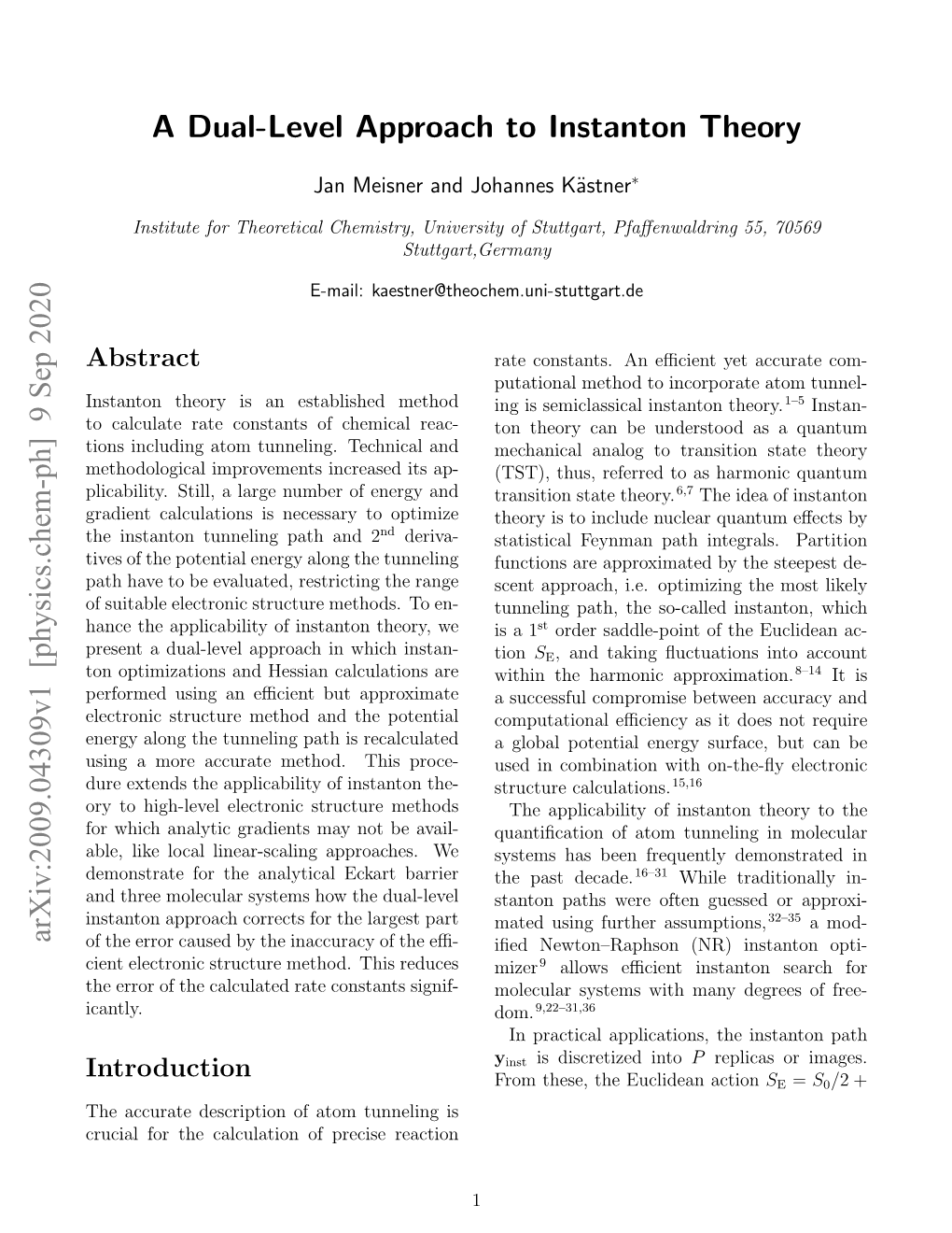 A Dual-Level Approach to Instanton Theory Arxiv:2009.04309V1