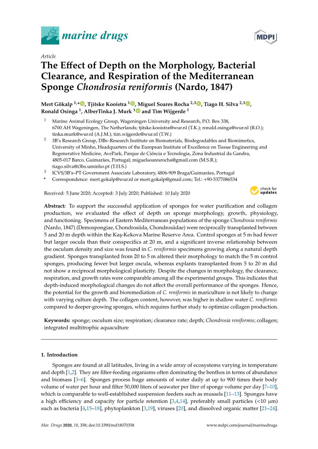 The Effect of Depth on the Morphology, Bacterial Clearance, and Respiration of the Mediterranean Sponge Chondrosia Reniformis