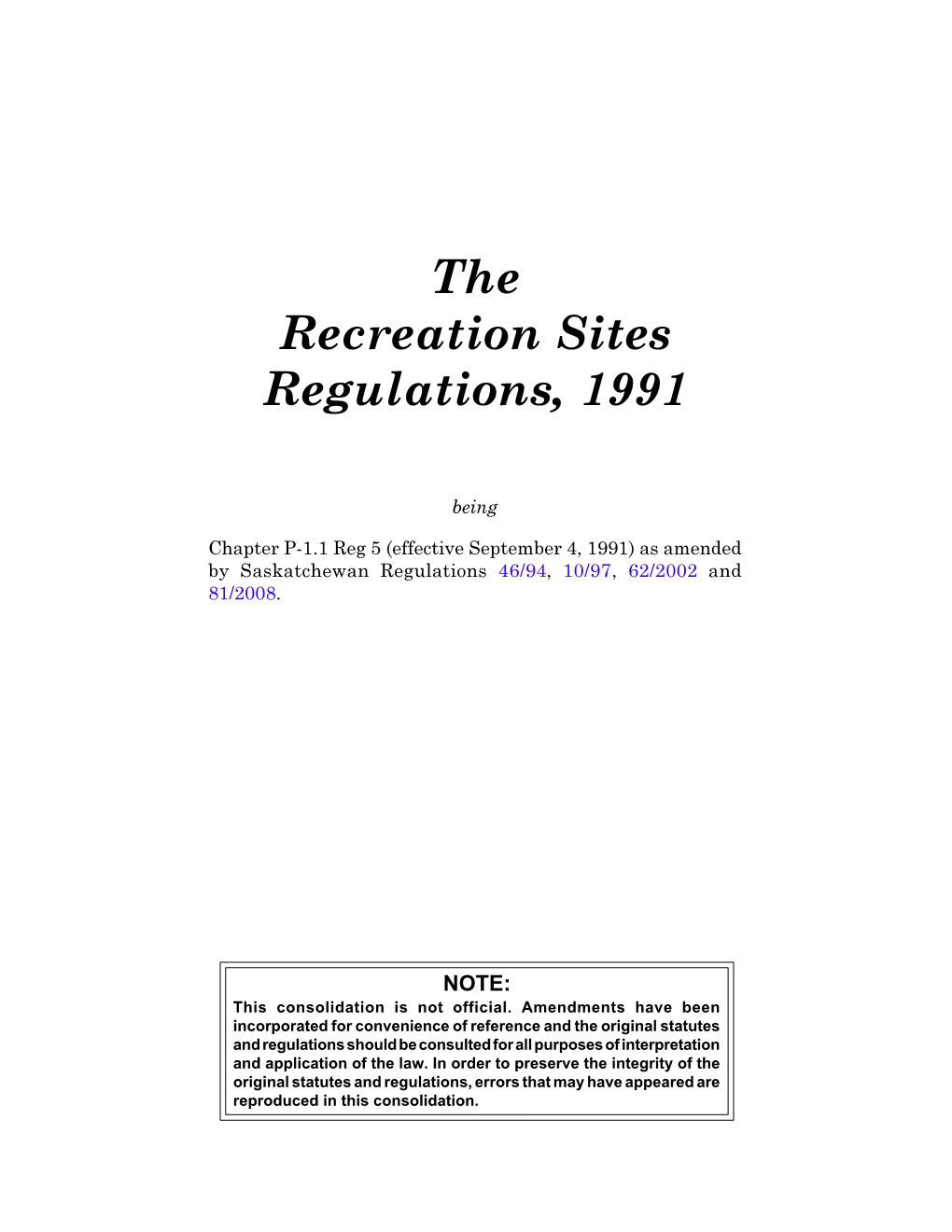 Recreation Sites Regulations, 1991