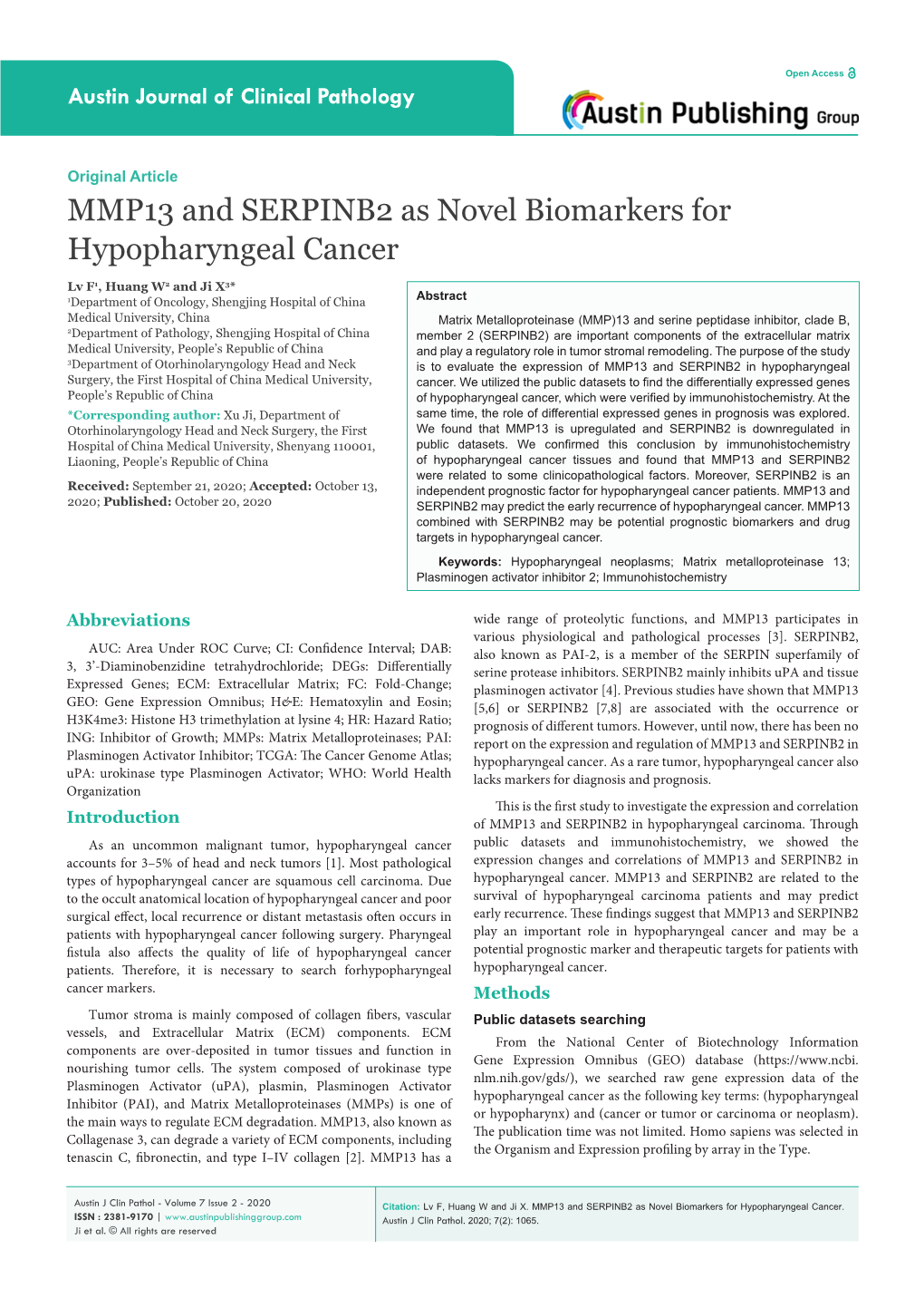 MMP13 and SERPINB2 As Novel Biomarkers for Hypopharyngeal Cancer
