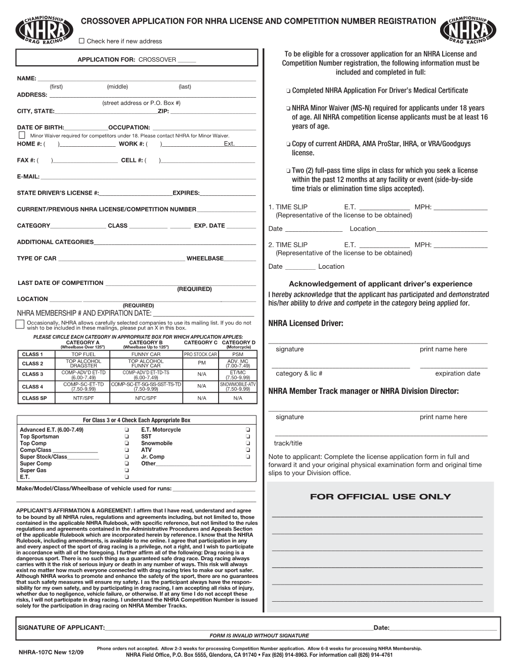 Crossover Application for Nhra License and Competition Number Registration