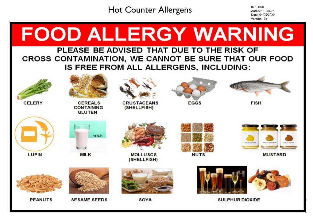 Hot Counter Allergens Author: C Dilkes Date: 04/05/2020 Version: 36
