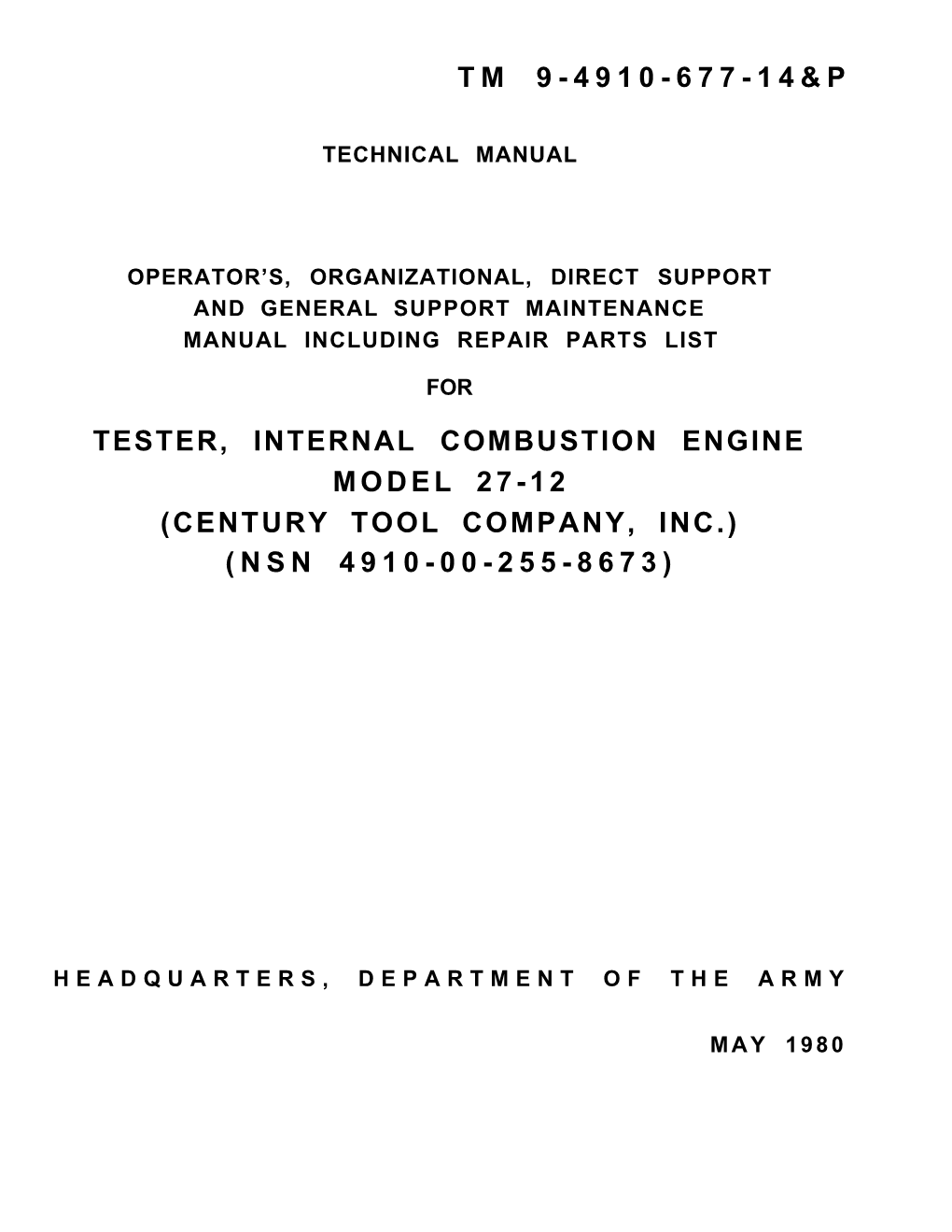 Tm 9-4910-677-14&P Tester, Internal Combustion Engine