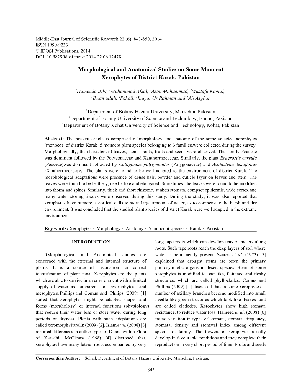 Morphological and Anatomical Studies on Some Monocot Xerophytes of District Karak, Pakistan