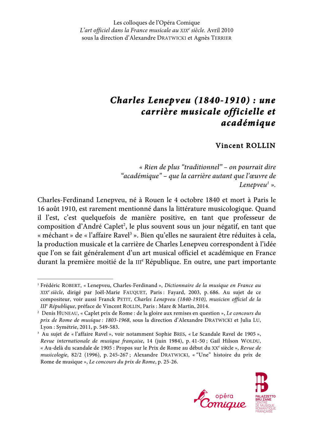 Charles Lenepveu (1840-1910) : Une Carrière Musicale Officielle Et Académique
