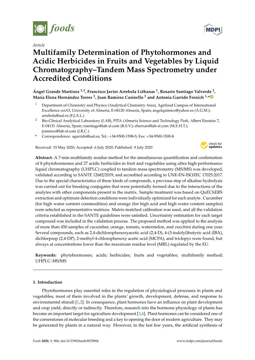 Multifamily Determination of Phytohormones and Acidic Herbicides in Fruits and Vegetables by Liquid Chromatography–Tandem Mass