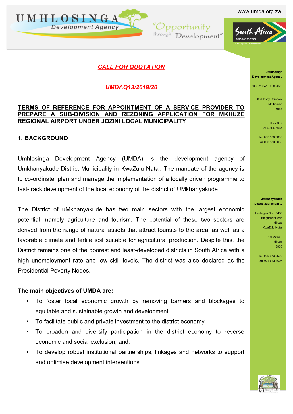 Call for Quotation Umdaq13/2019/20 Terms Of