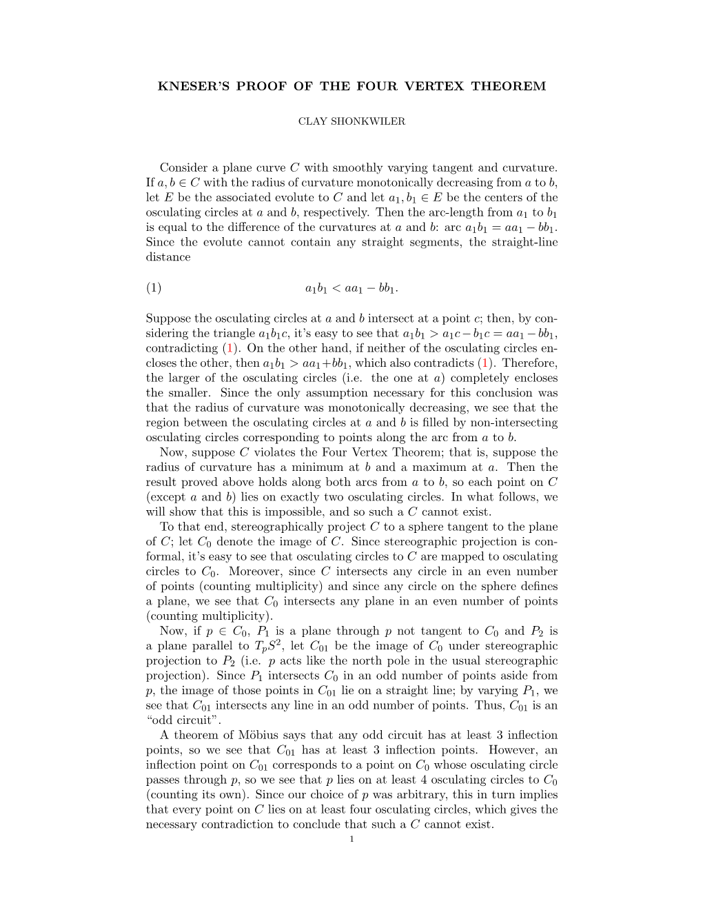 Kneser's Proof of the Four Vertex Theorem