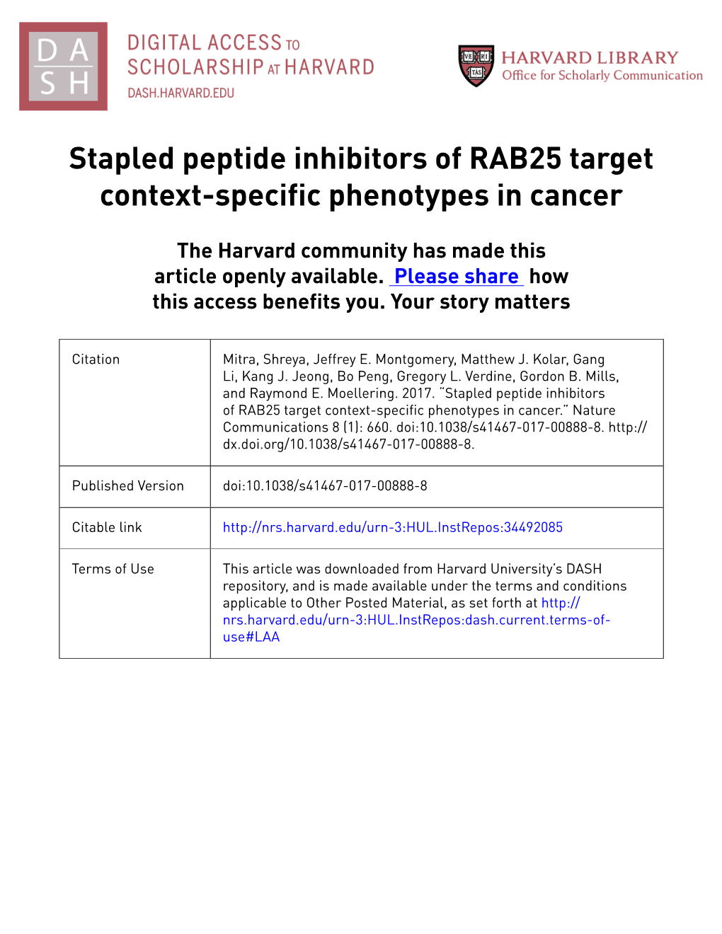 Stapled Peptide Inhibitors of RAB25 Target Context-Specific Phenotypes in Cancer