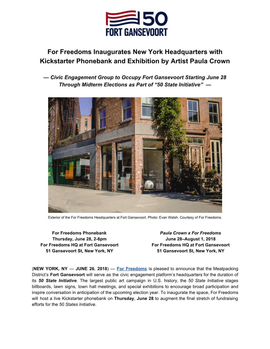 For Freedoms Inaugurates New York Headquarters with Kickstarter Phonebank and Exhibition by Artist Paula Crown