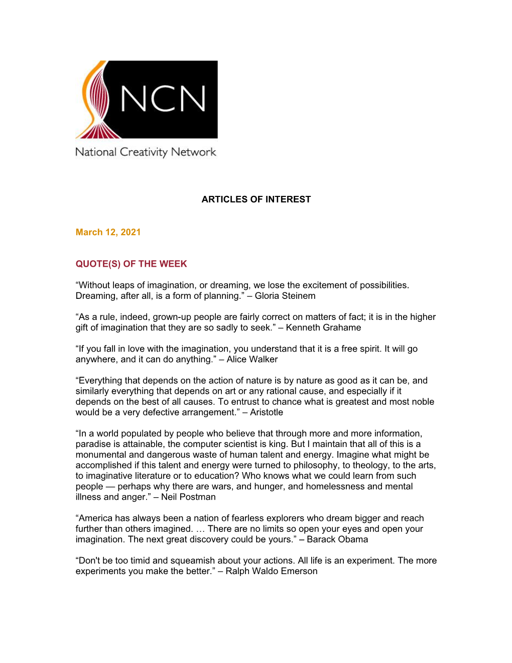 NCN Articles of Interest | March 12, 2021