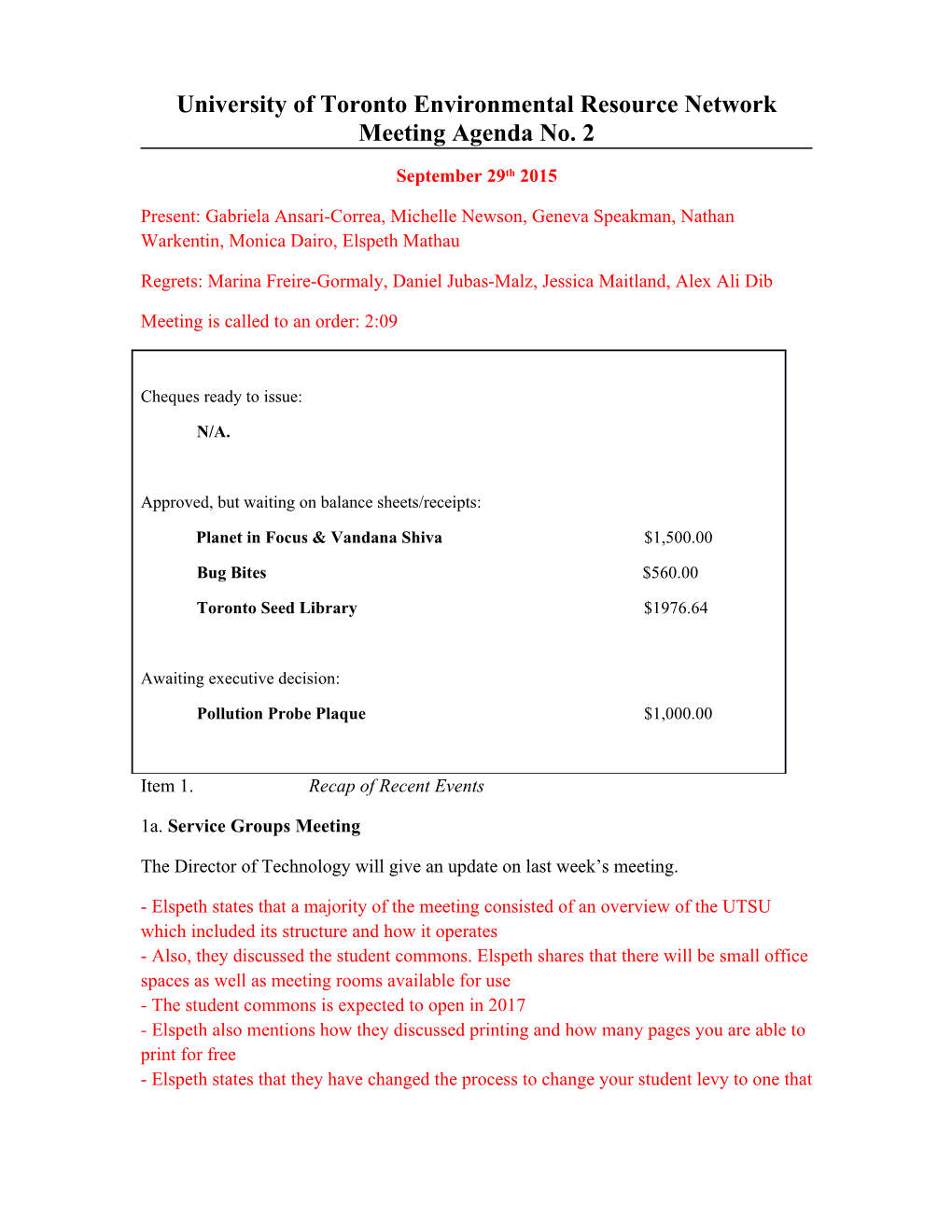 University of Toronto Environmental Resource Network Meeting Agenda No. 2