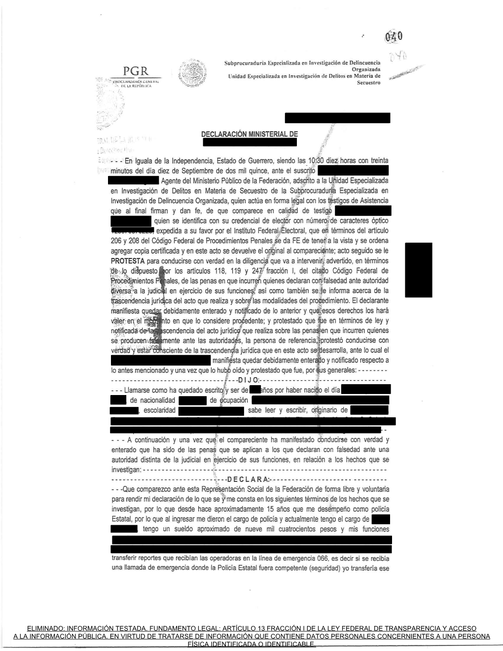 Información Testada. Fundamento Legal: Artículo 13 Fracción I De La Ley Federal De Transparencia Y Acceso a La Información Pública