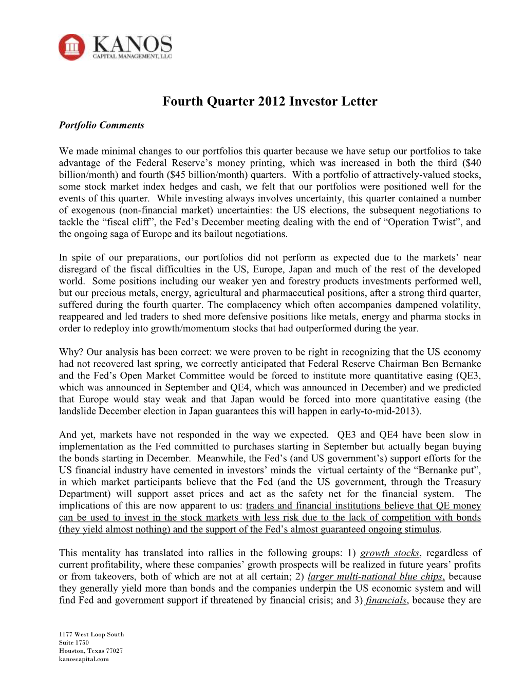 Fourth Quarter 2012 Investor Letter