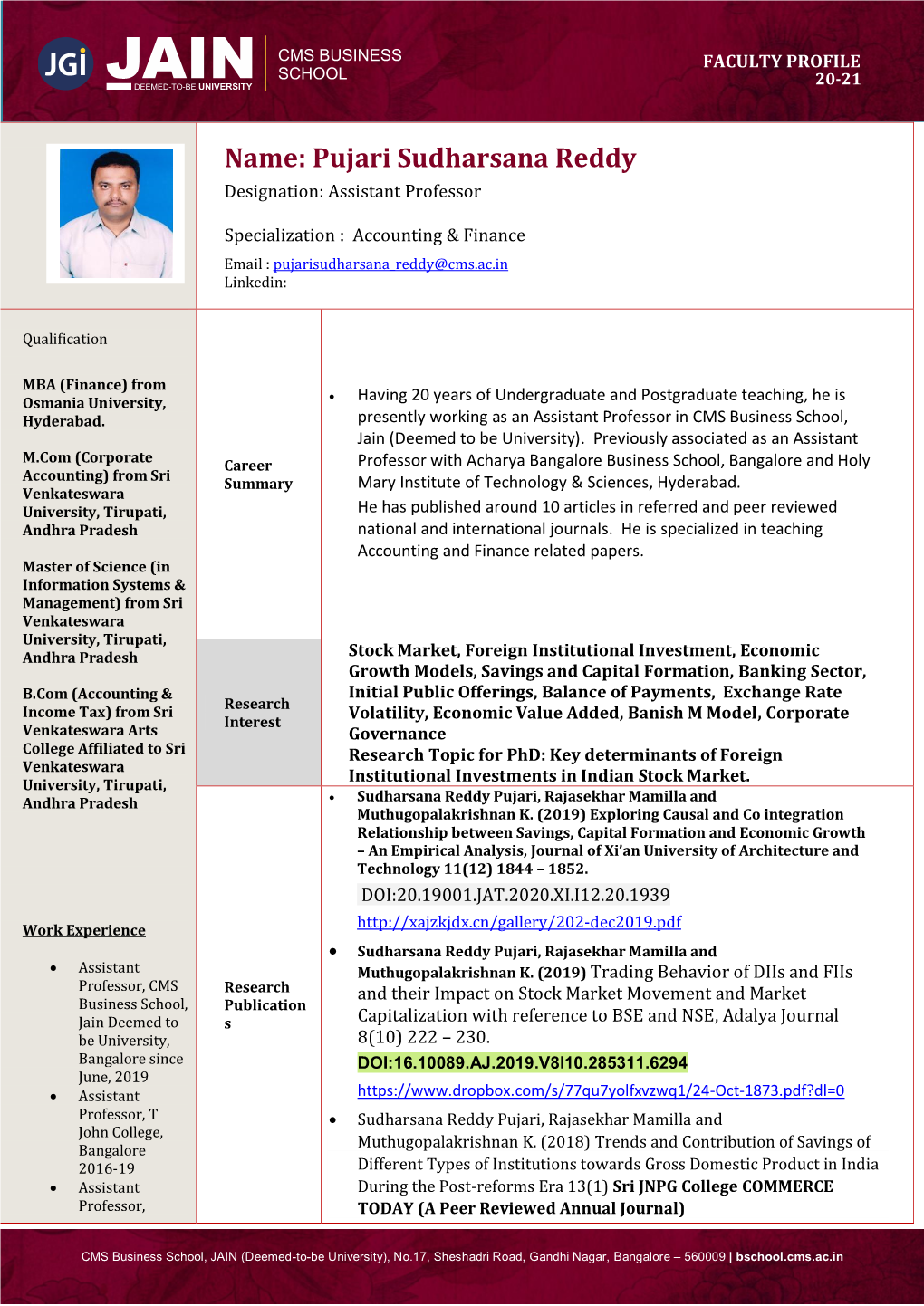 Pujari Sudharsana Reddy Designation: Assistant Professor