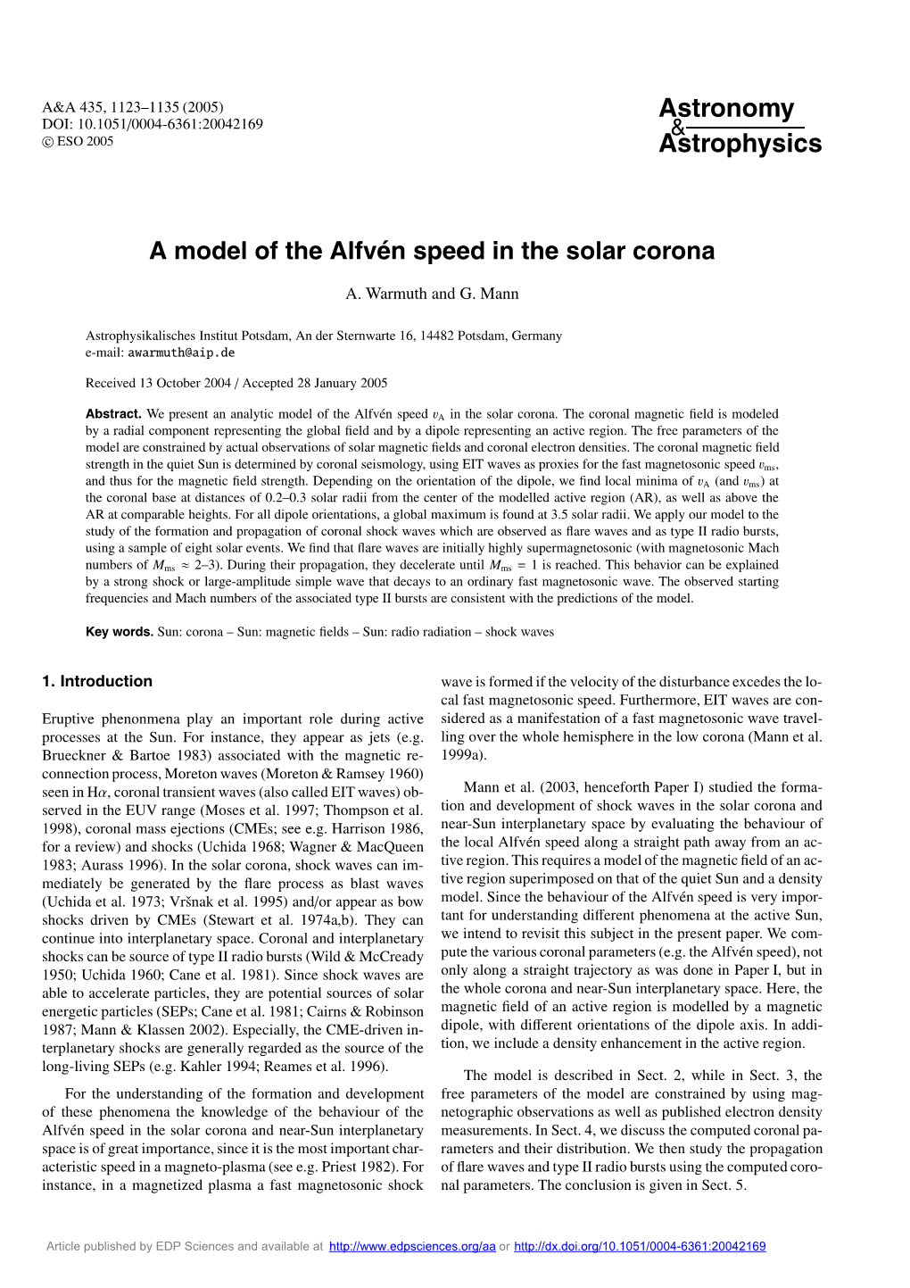 A Model of the Alfvén Speed in the Solar Corona