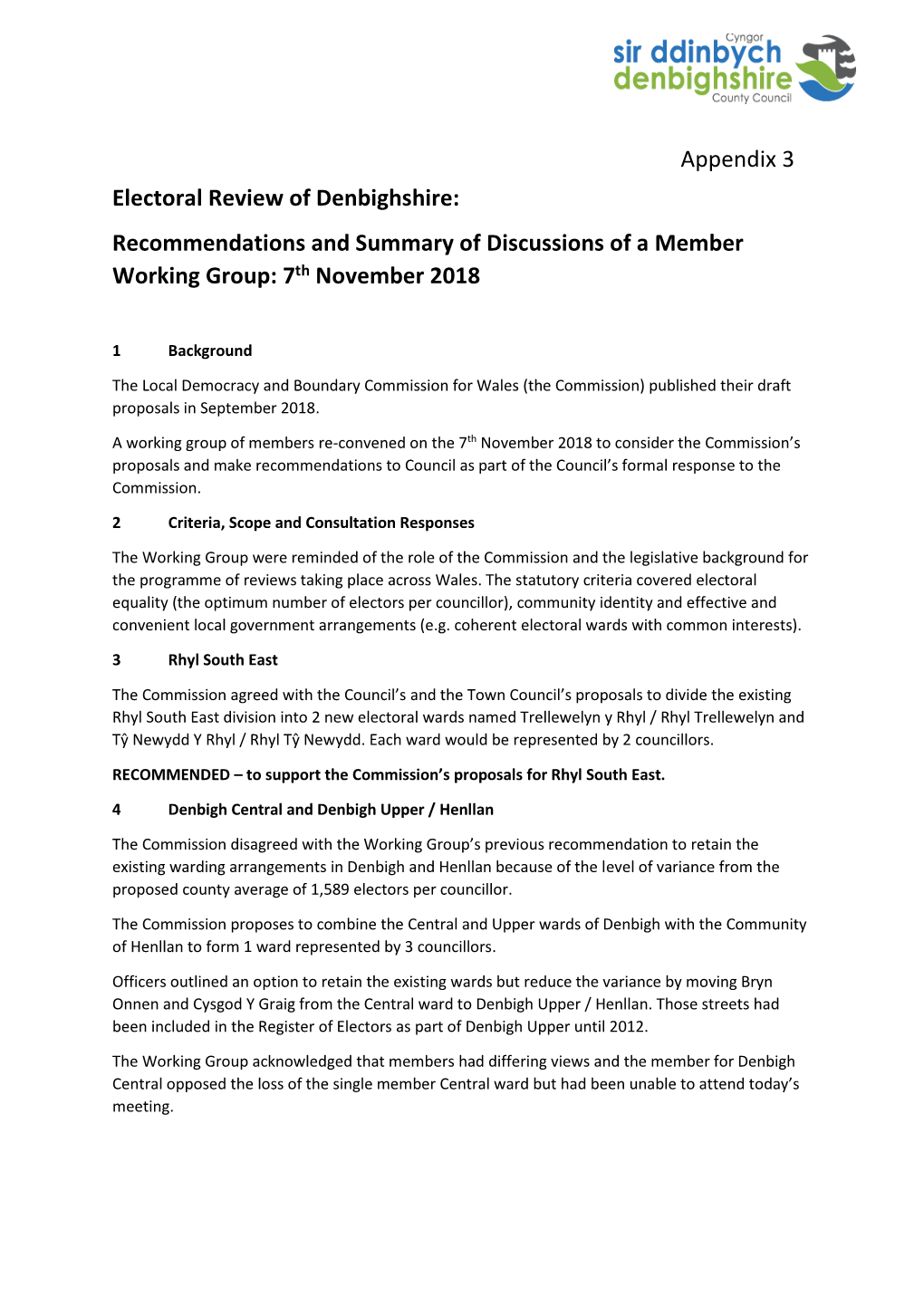 Electoral Review of Denbighshire: Recommendations and Summary of Discussions of a Member Working Group: 7Th November 2018