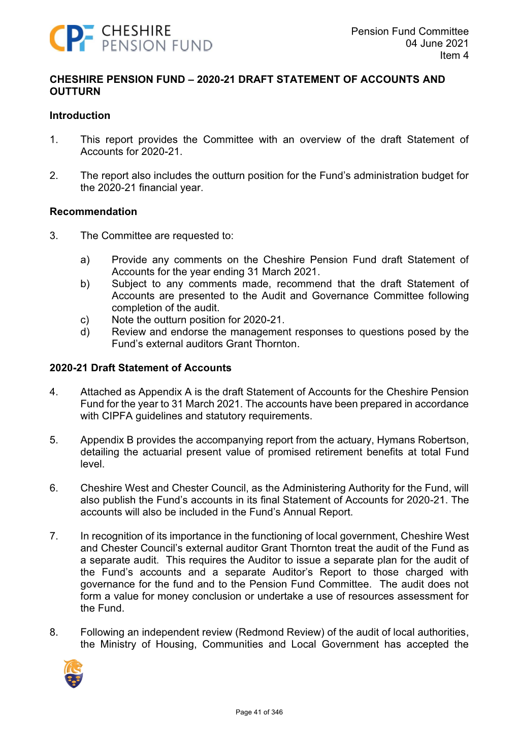 Pension Fund Committee 04 June 2021 Item 4 CHESHIRE