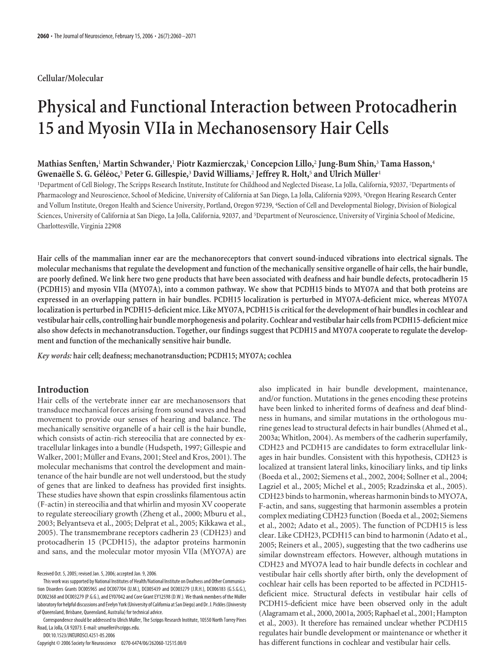 Physical and Functional Interaction Between Protocadherin 15 and Myosin Viia in Mechanosensory Hair Cells