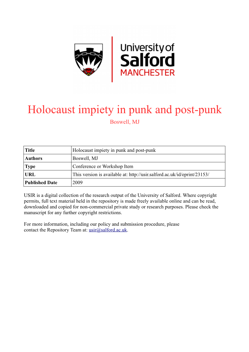 Holocaust Impiety in Punk and Postpunk