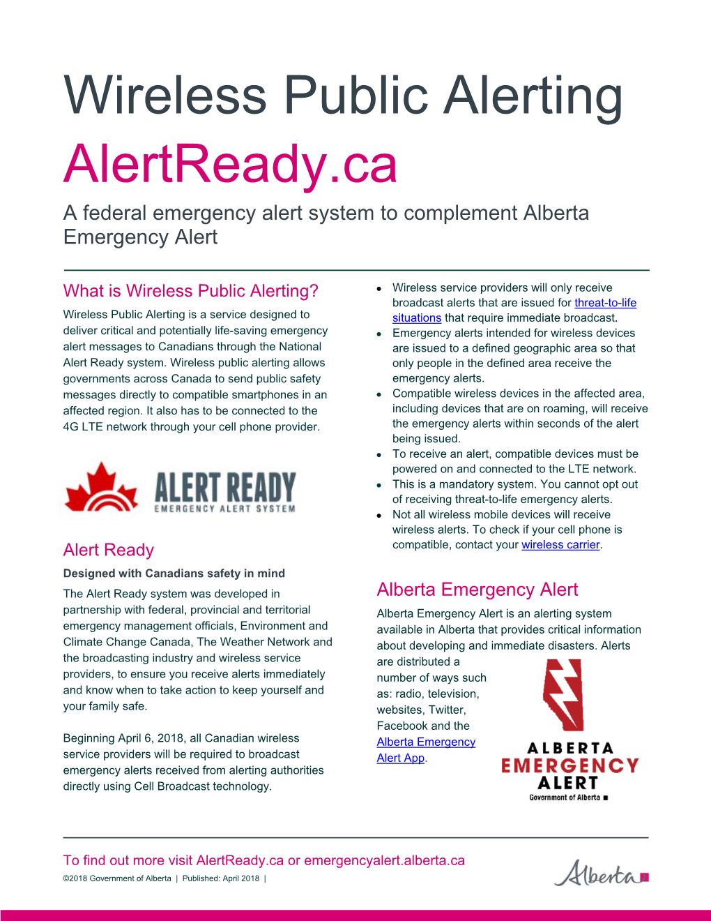 Wireless Public Alerting Alertready.Ca a Federal Emergency Alert System to Complement Alberta Emergency Alert