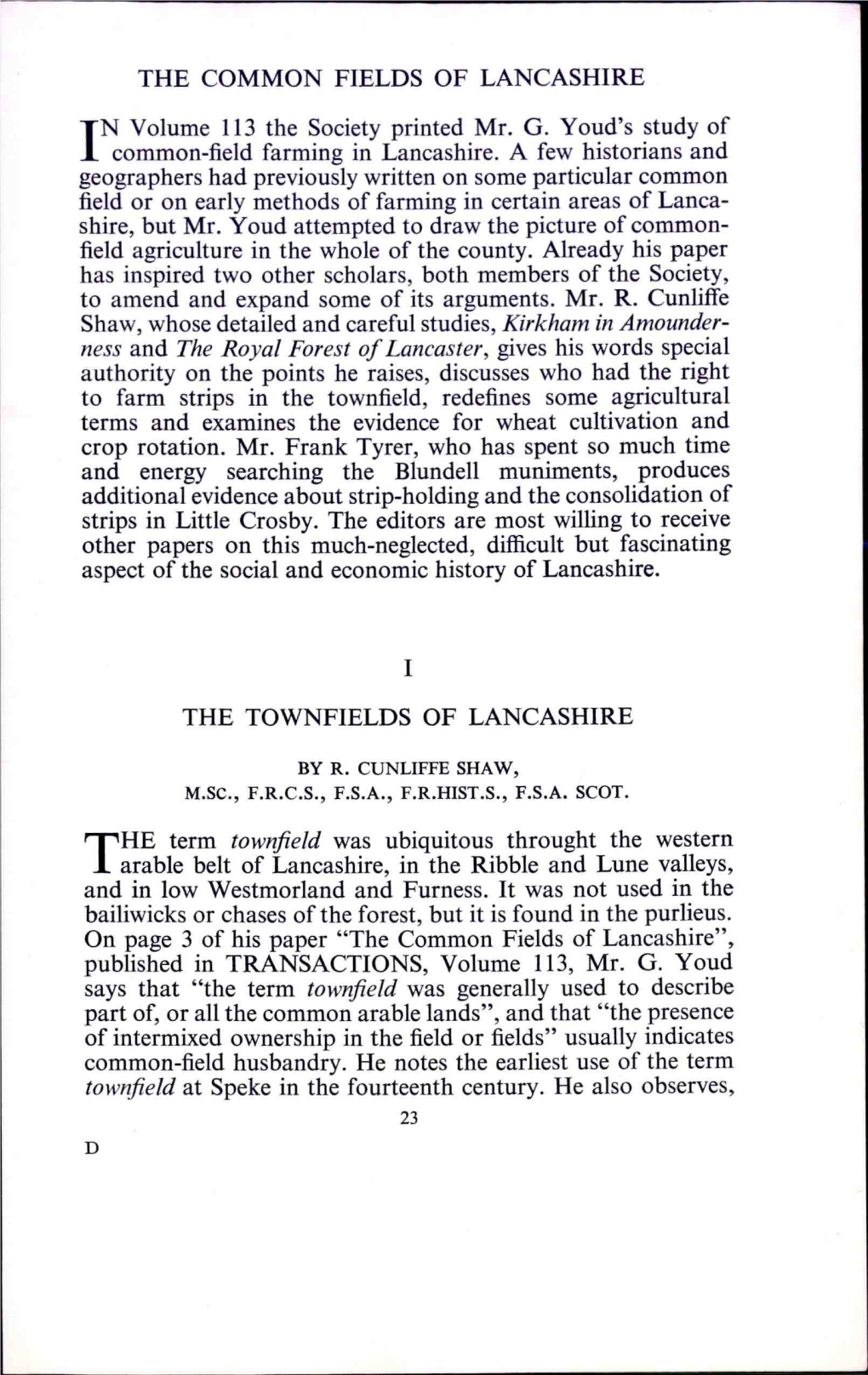 I: the Townfields of Lancashire