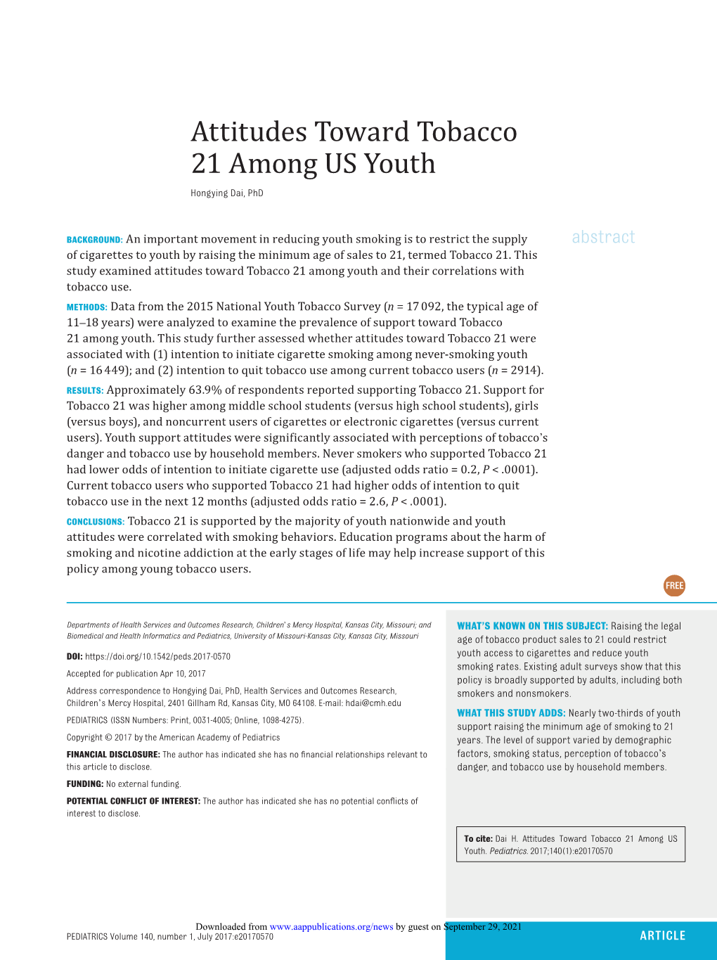 Attitudes Toward Tobacco 21 Among US Youth