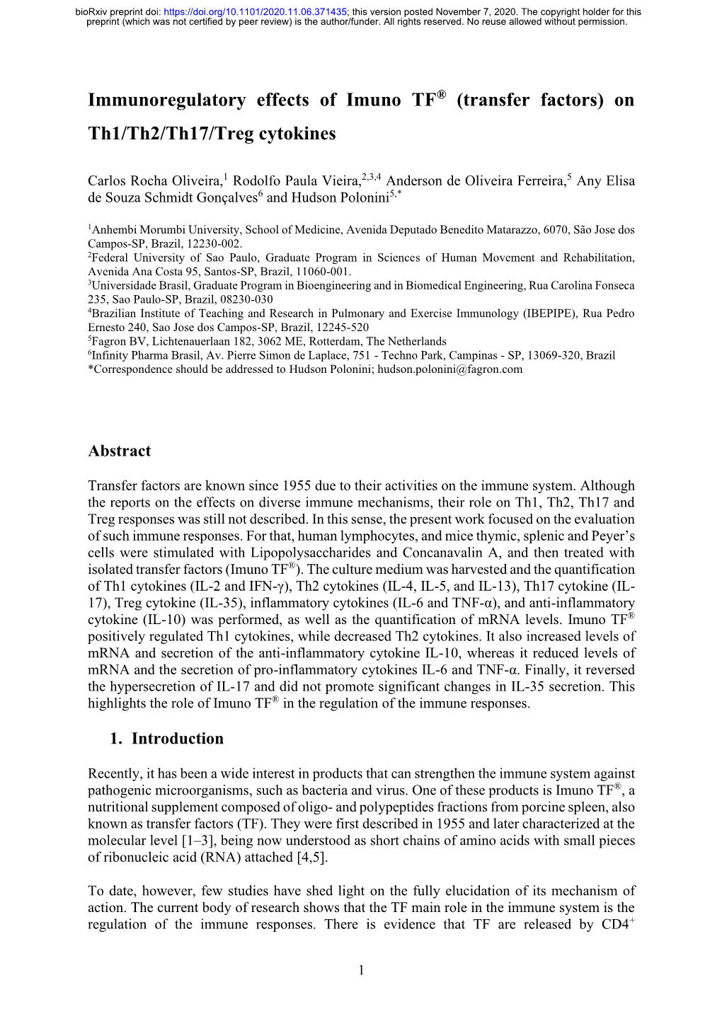 Immunoregulatory Effects of Imuno TF® (Transfer Factors) on Th1/Th2/Th17/Treg Cytokines