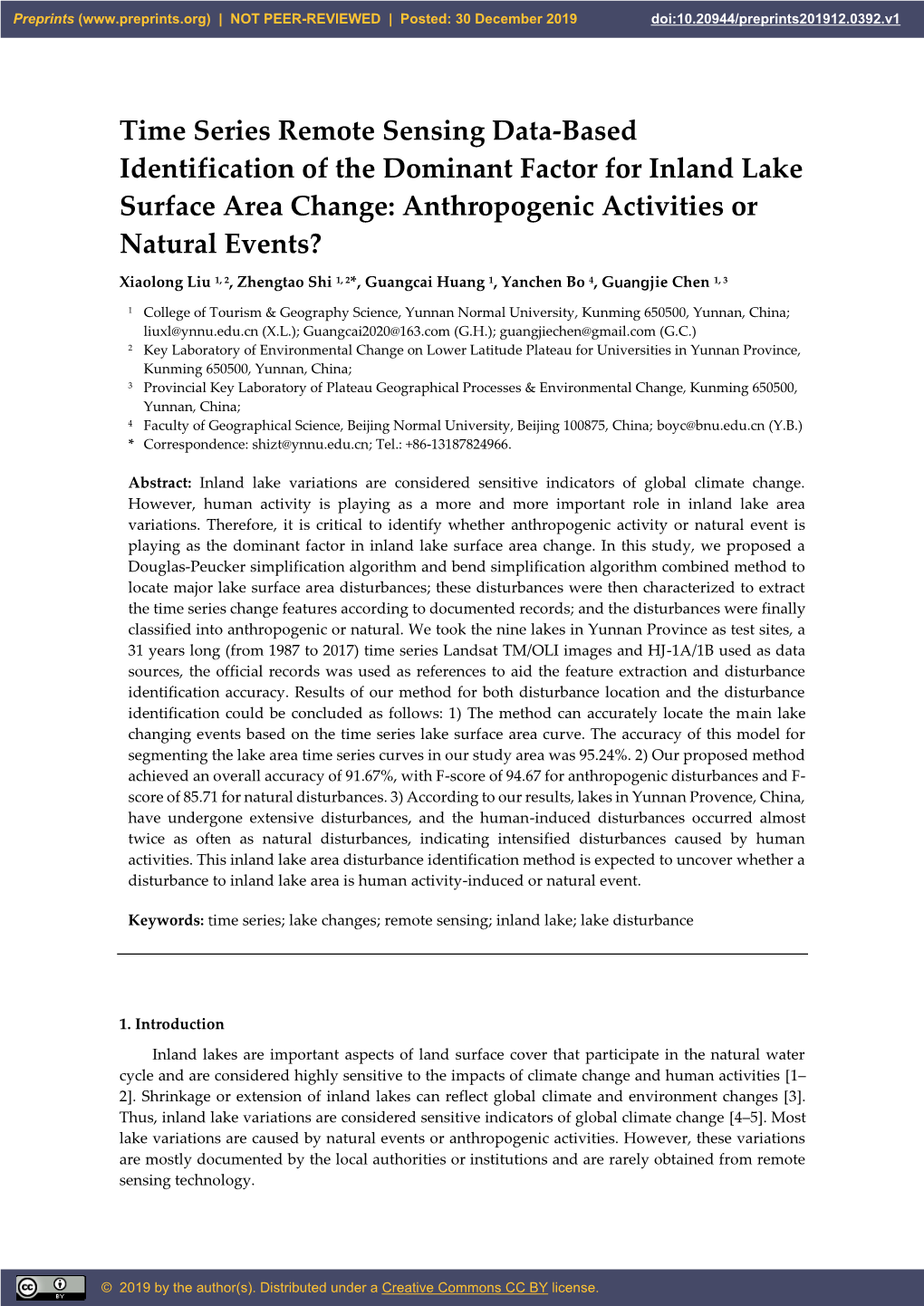 Time Series Remote Sensing Data-Based Identification of the Dominant Factor for Inland Lake Surface Area Change: Anthropogenic Activities Or Natural Events?