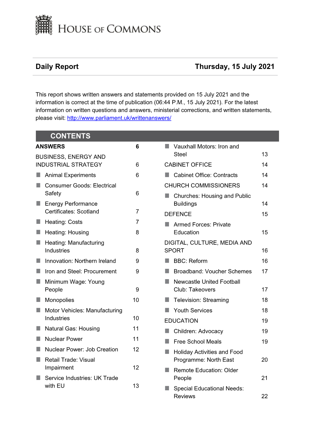 Daily Report Thursday, 15 July 2021 CONTENTS