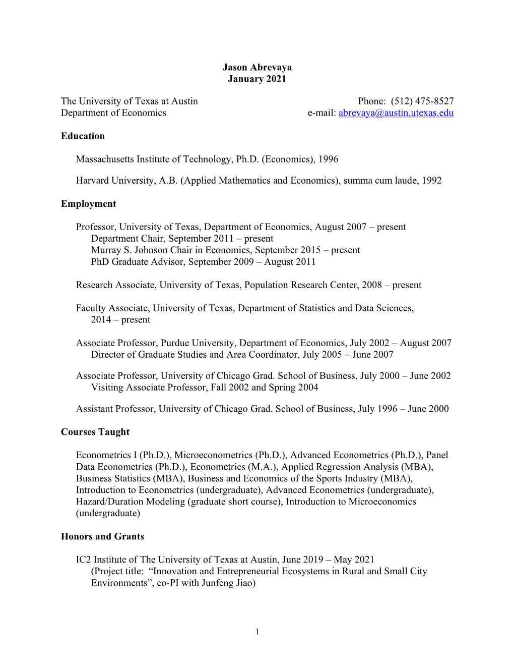 Curriculum Vitae of Jason Abrevaya