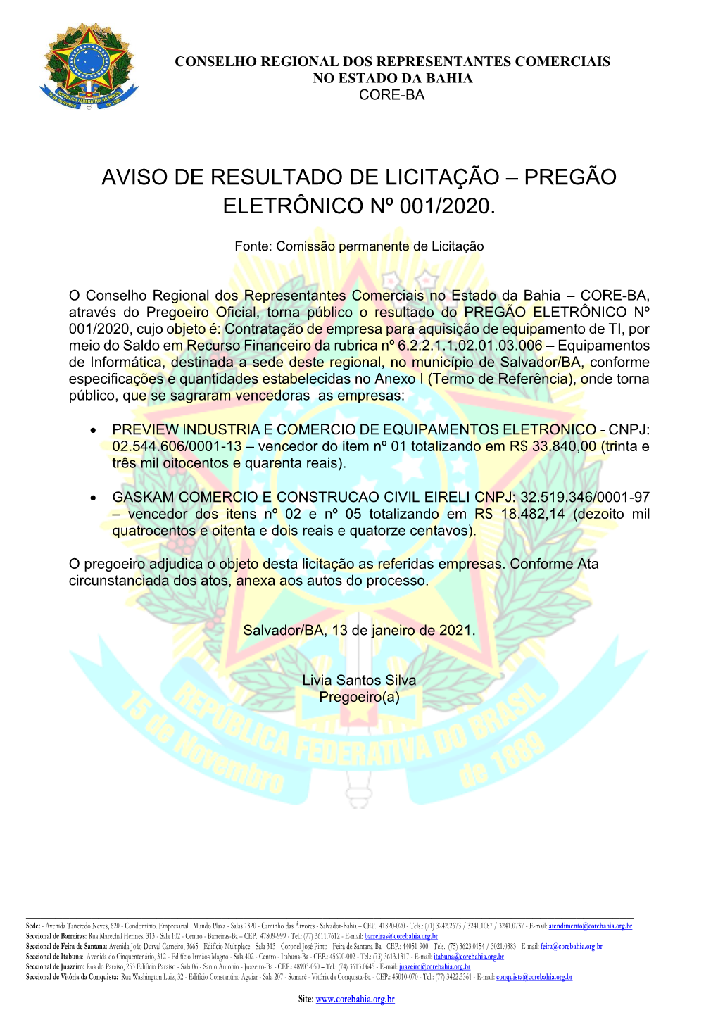 Conselho Regional Dos Representantes Comerciais No Estado Da Bahia Core-Ba