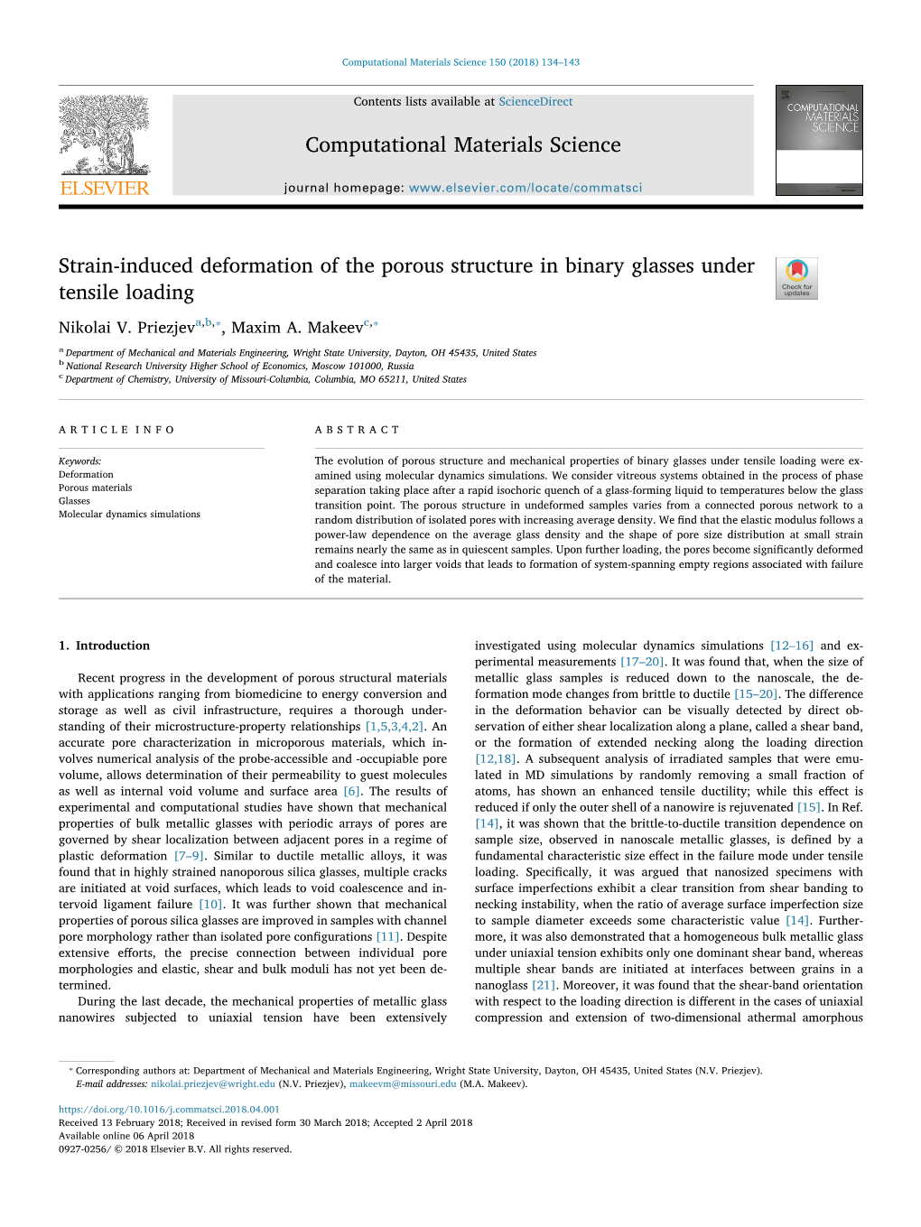 Strain-Induced Deformation of the Porous Structure in Binary Glasses Under T Tensile Loading ⁎ ⁎ Nikolai V