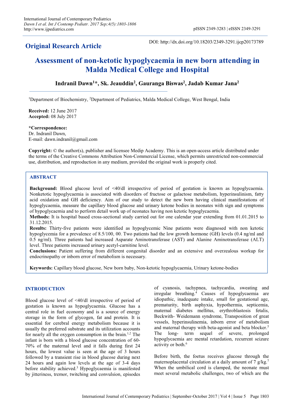 Assessment of Non-Ketotic Hypoglycaemia in New Born Attending in Malda Medical College and Hospital