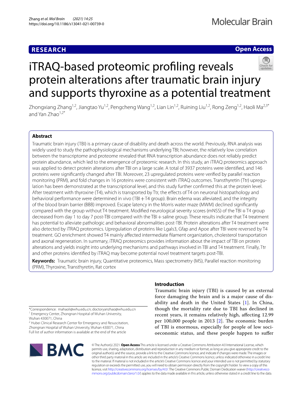 Itraq-Based Proteomic Profiling Reveals Protein Alterations After