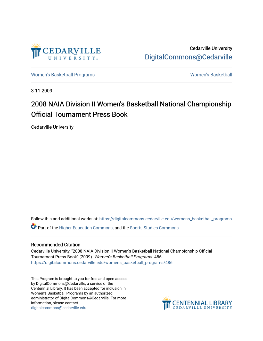 2008 NAIA Division II Women's Basketball National Championship Officialournament T Press Book
