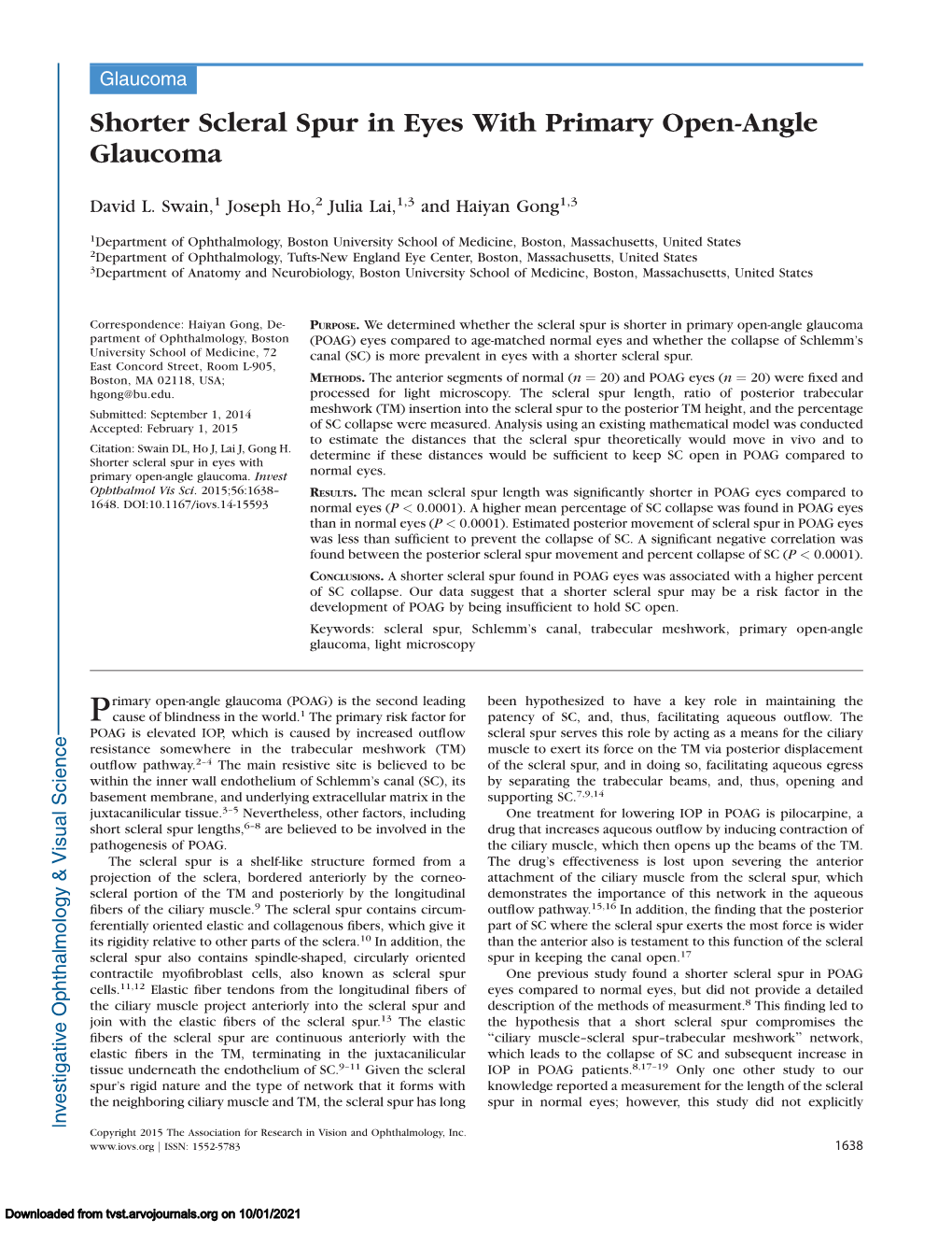 Shorter Scleral Spur in Eyes with Primary Open-Angle Glaucoma