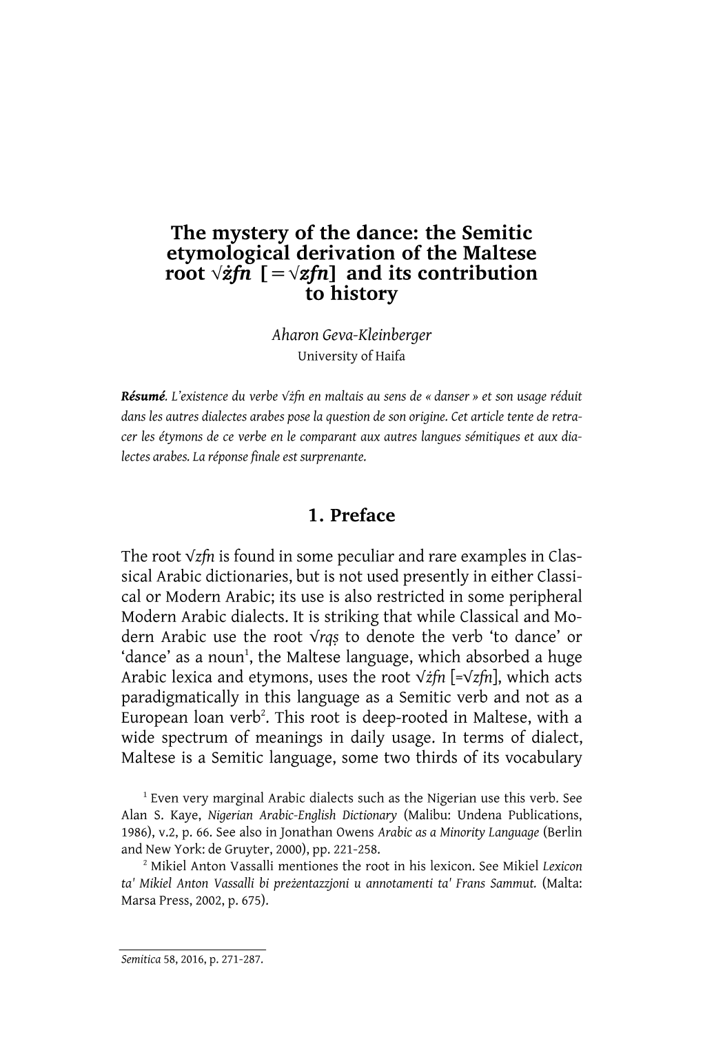 Aharon Geva-Kleinberger, "The Mystery of the Dance: the Semitic