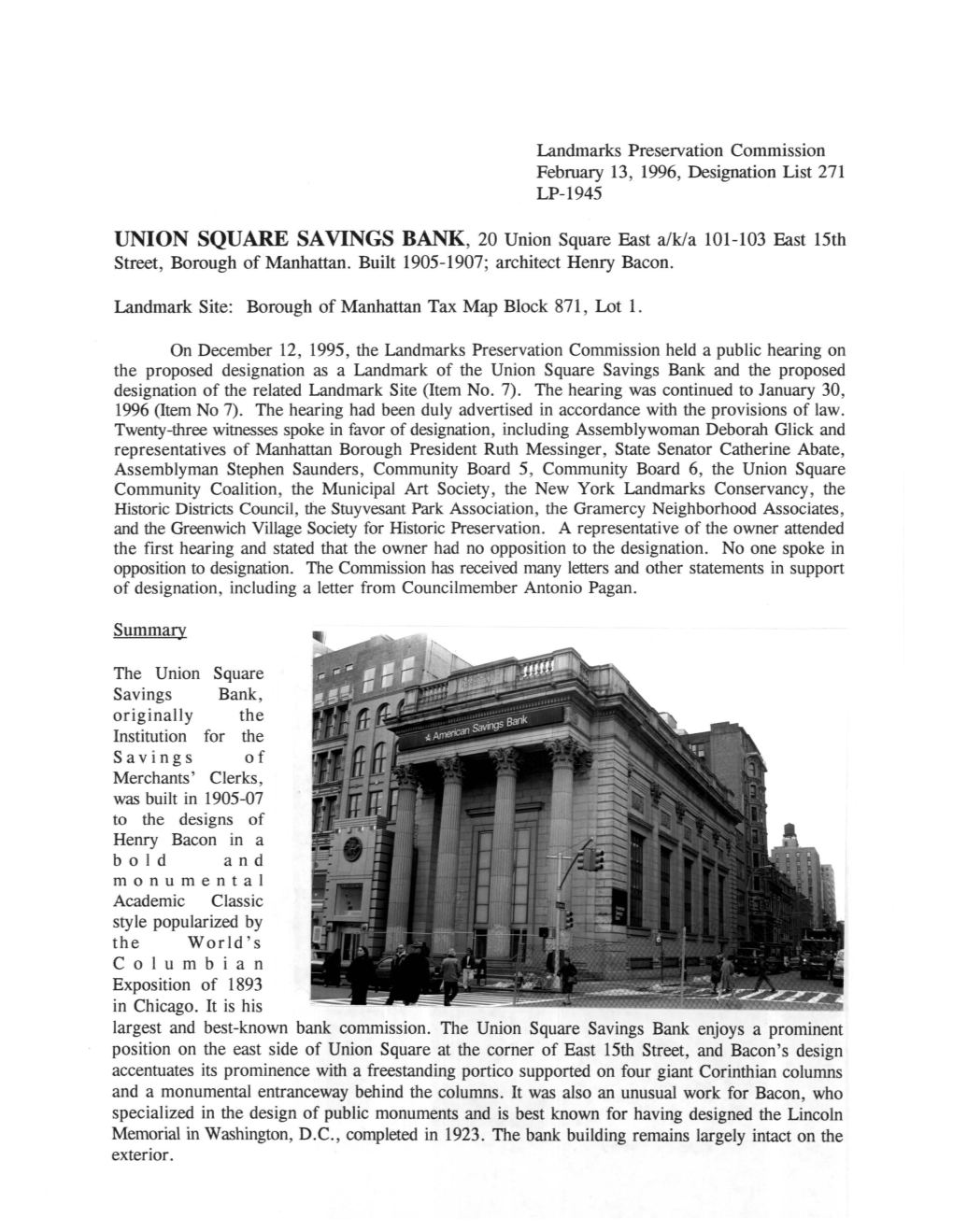 UNION SQUARE SAVINGS BANK, 20 Union Square East A/K/A 101-103 East 15Th Street, Borough of Manhattan