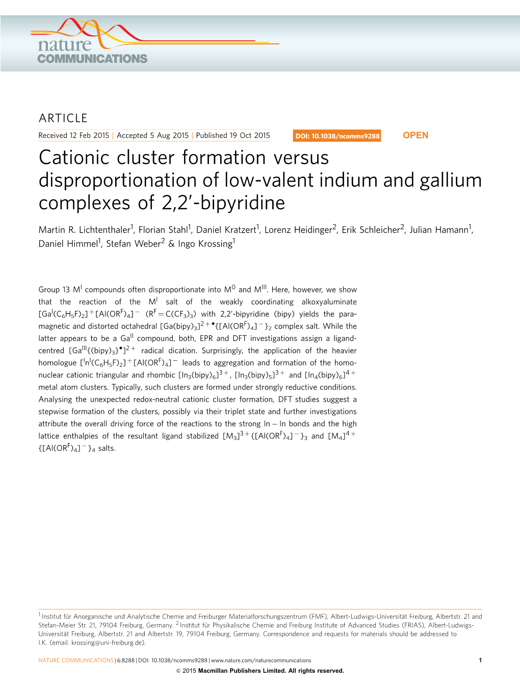 Cationic Cluster Formation Versus Disproportionation of Low-Valent Indium and Gallium Complexes of 2,2’-Bipyridine