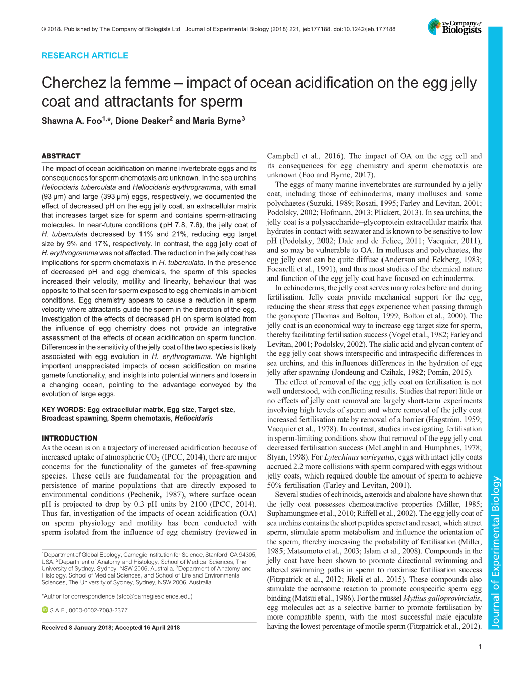 Impact of Ocean Acidification on the Egg Jelly Coat and Attractants for Sperm Shawna A